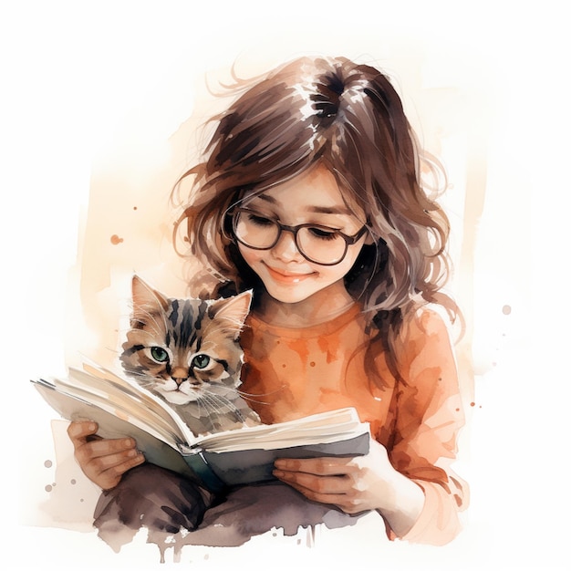 There is a girl reading a book with a cat on her lap generative ai