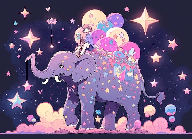 there is a girl riding an elephant with balloons and stars generative ai