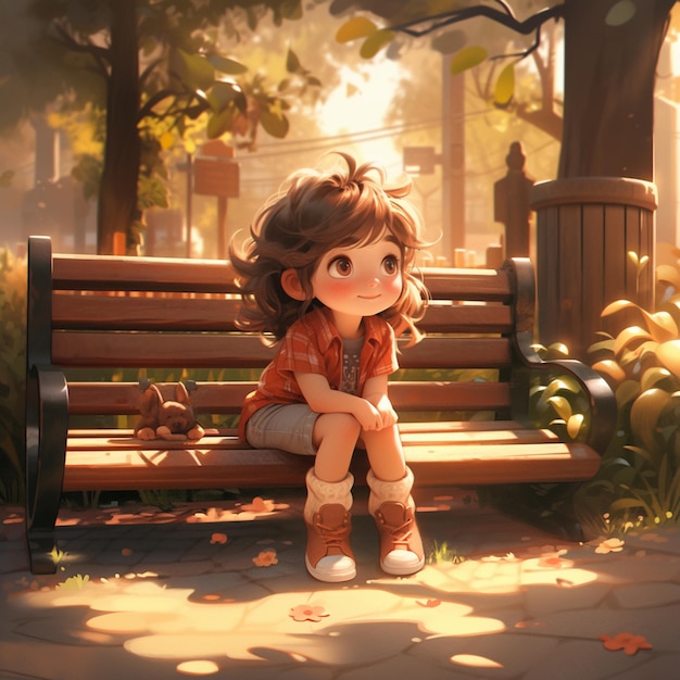 there is a girl sitting on a bench in the park generative ai