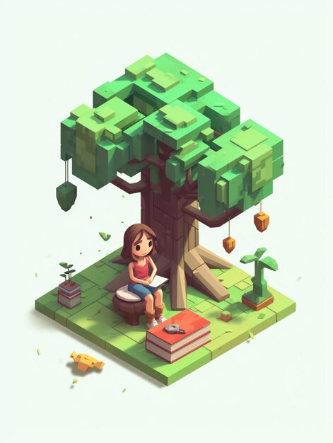 there is a girl sitting on a bench under a tree generative ai