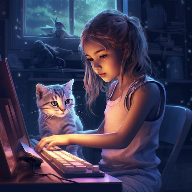 고양이와 노트북 생성 AI를 들고 책상에 앉아 있는 소녀가 있습니다