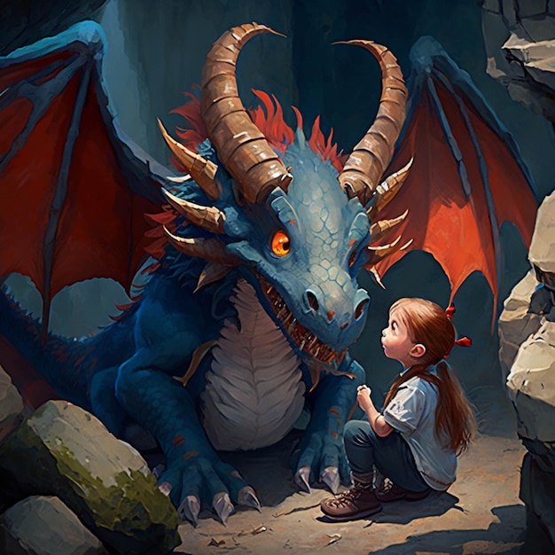 There is a girl sitting next to a dragon in a cave generative ai