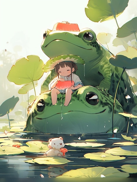 There is a girl sitting on a frog in the water generative ai