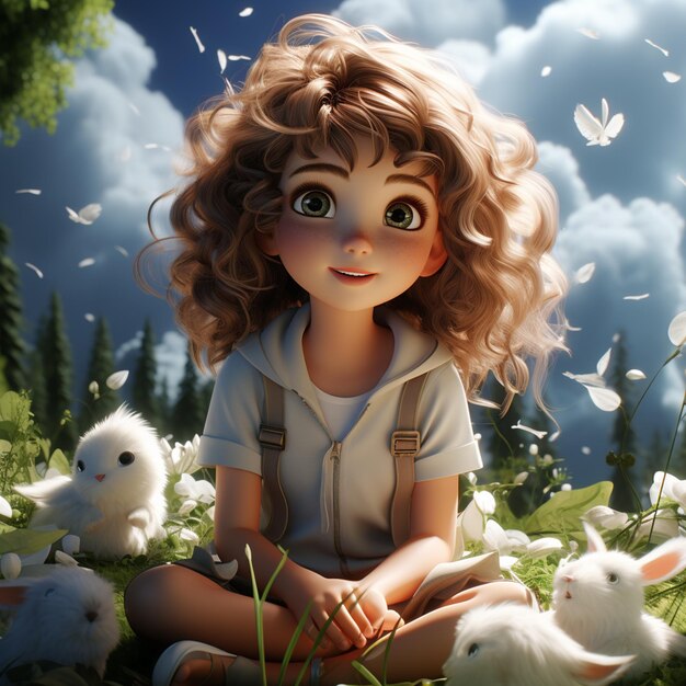 There is a girl sitting in the grass with some white rabbits generative ai