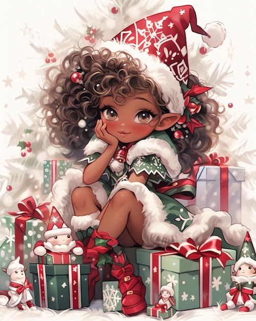 There is a girl sitting on a pile of presents with a santa hat generative ai