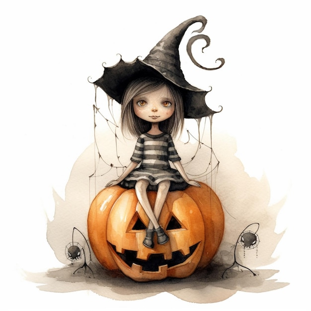 There is a girl sitting on a pumpkin with a hat on generative ai