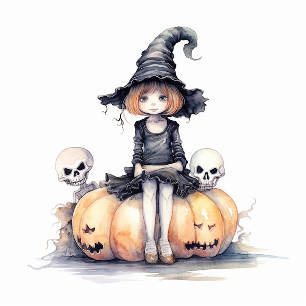 There is a girl sitting on a pumpkin with skulls on it generative ai