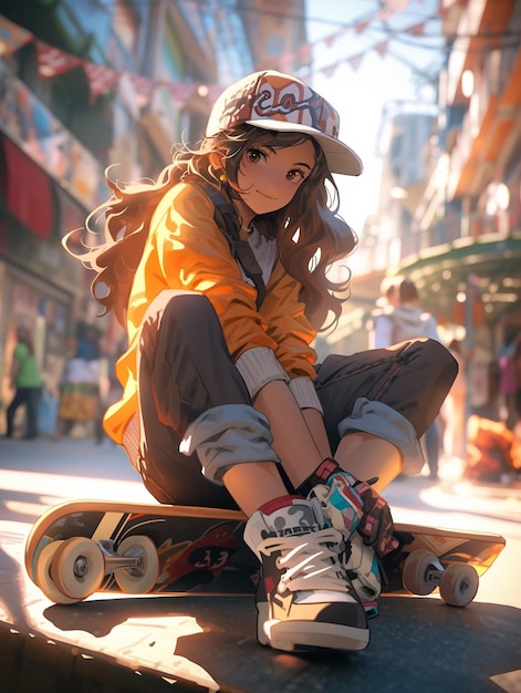 There is a girl sitting on a skateboard on the street generative ai