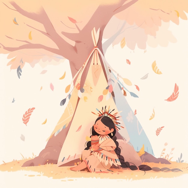 There is a girl sitting under a teepee in the grass AI Generative