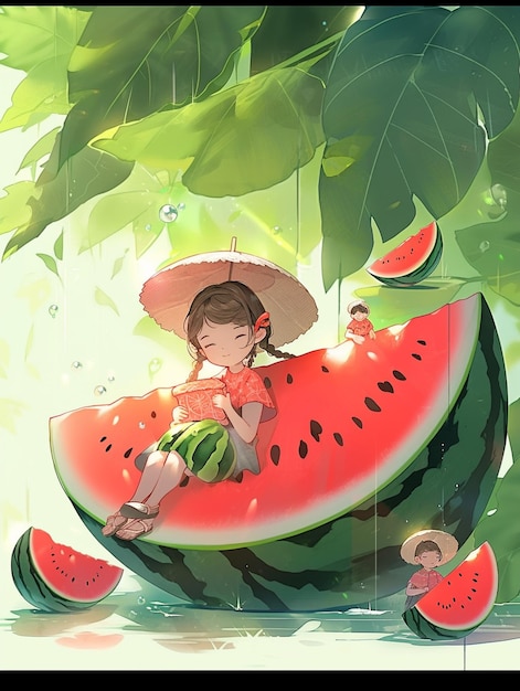 There is a girl sitting on a watermelon with an umbrella generative ai