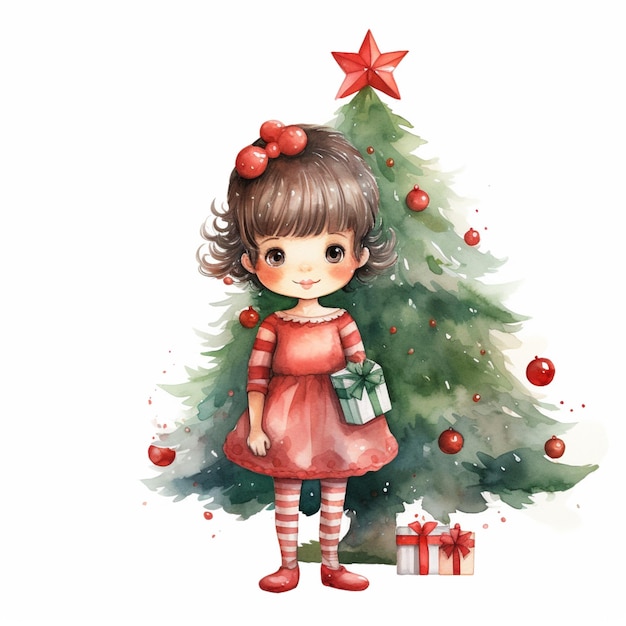 there is a girl standing next to a christmas tree with presents generative ai