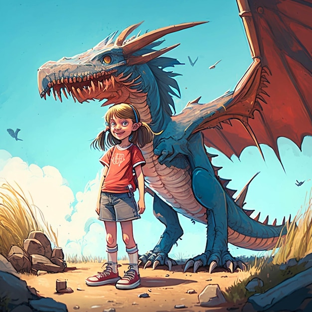 There is a girl standing next to a dragon on a dirt road generative ai