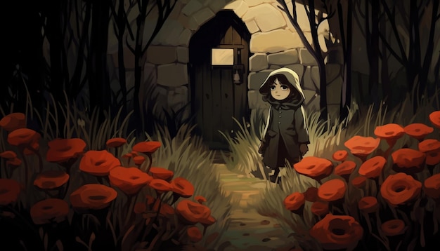 there is a girl standing in a field of red flowers generative ai