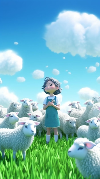 There is a girl standing in a field of sheep with a sky background generative ai