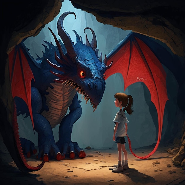 There is a girl standing in front of a dragon in a cave generative ai