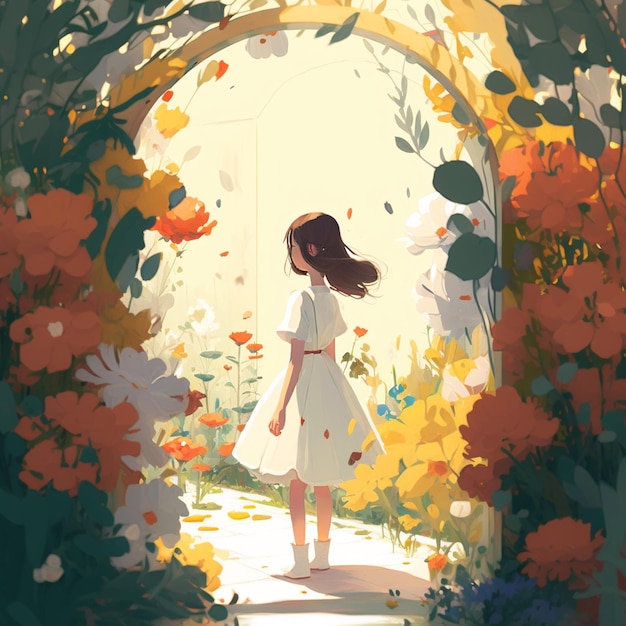 there is a girl standing in a garden with flowers generative ai