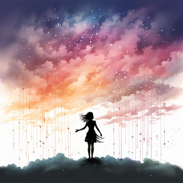 there is a girl standing on a hill under a cloudy sky. generative ai.