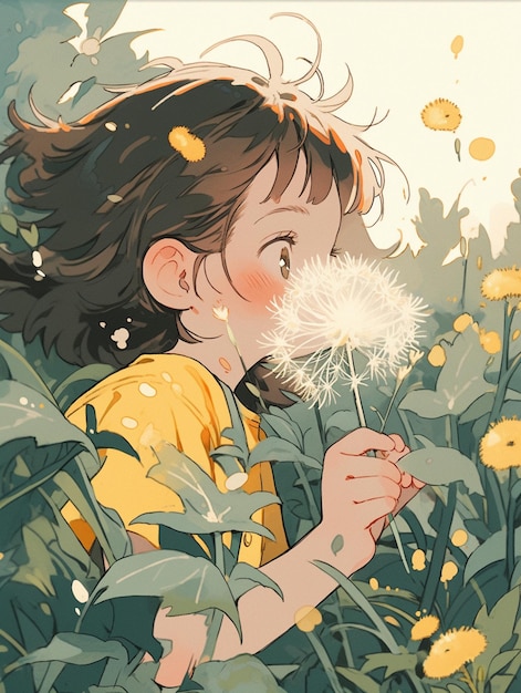 There is a girl that is blowing a dandelion in the grass generative ai