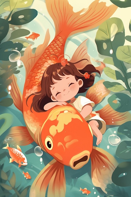 There is a girl that is holding a fish in the water generative ai