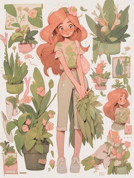 There is a girl that is standing in front of some plants generative ai