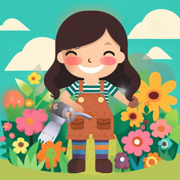 There is a girl that is standing in the grass with a garden tool generative ai