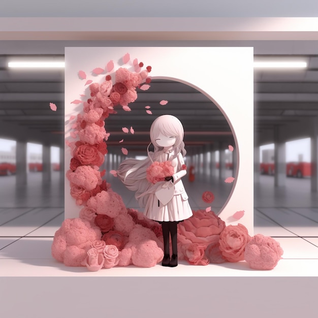 There is a girl that is standing in a room with flowers generative ai