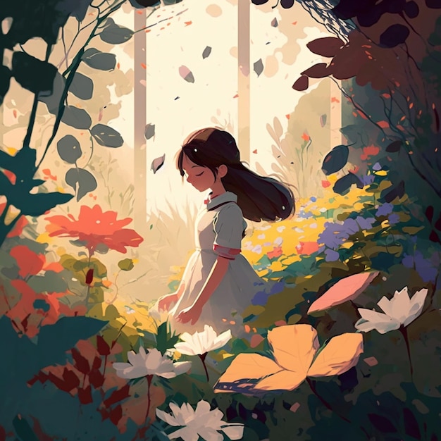 there is a girl that is walking through the woods with flowers generative ai