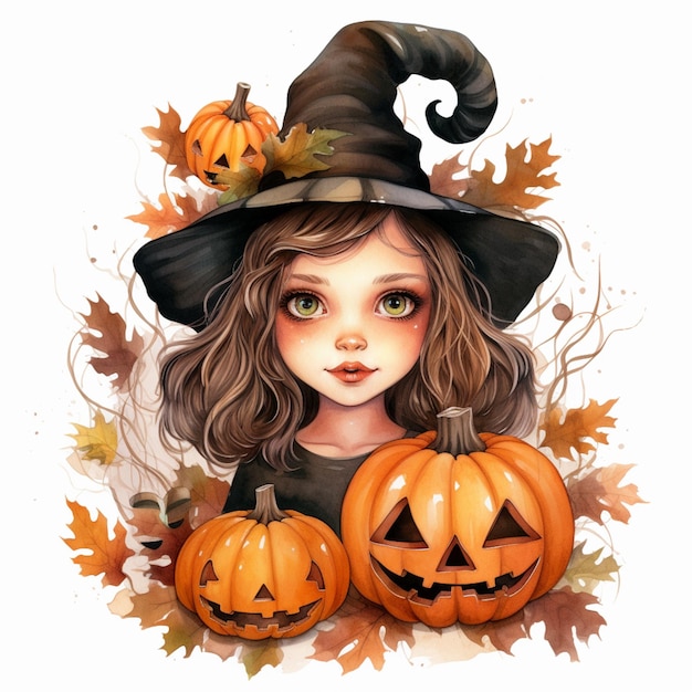 there is a girl in a witch hat holding two pumpkins generative ai