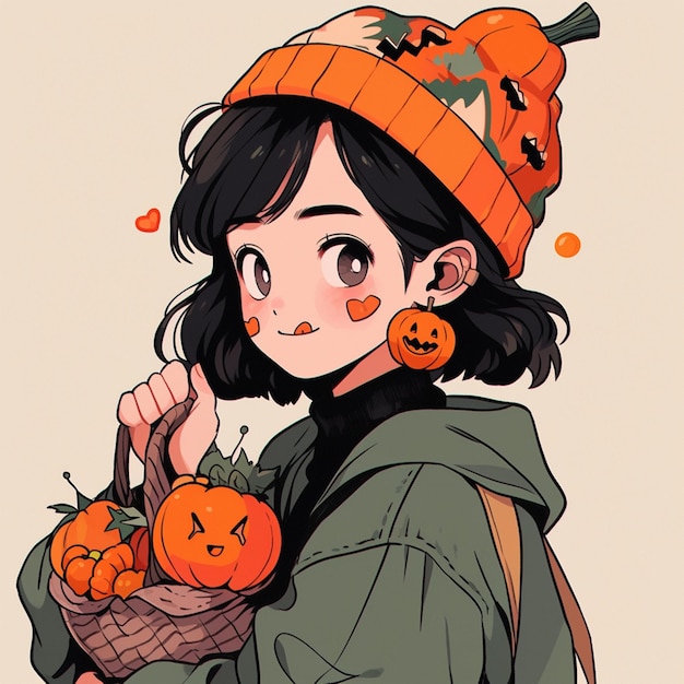 Photo there is a girl with a basket of pumpkins and a hat generative ai