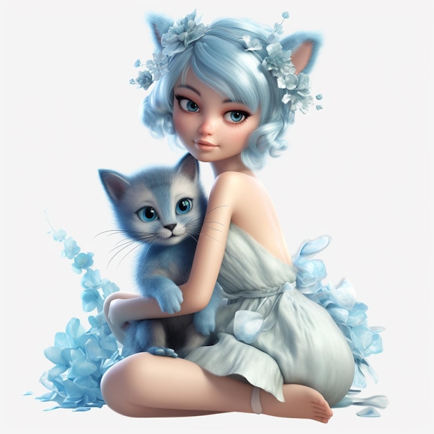 there is a girl with blue hair and a cat sitting on the ground generative ai