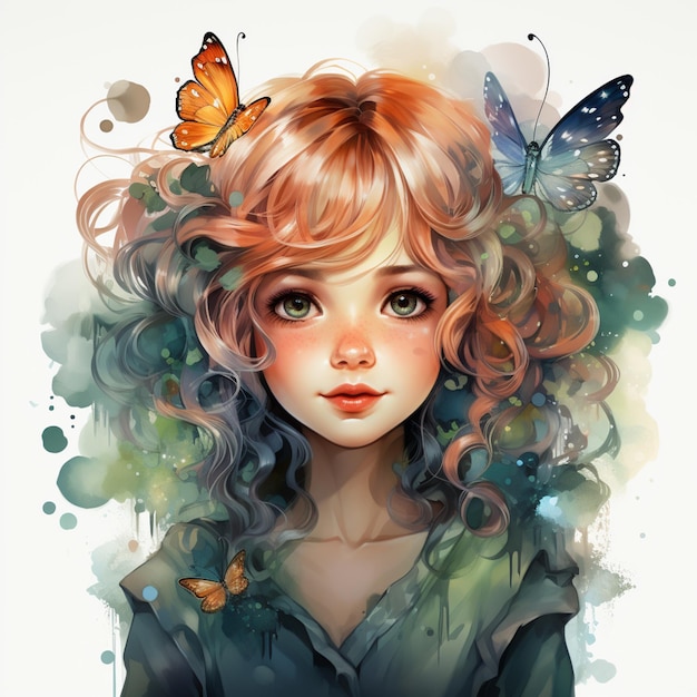 there is a girl with a butterfly in her hair generative ai