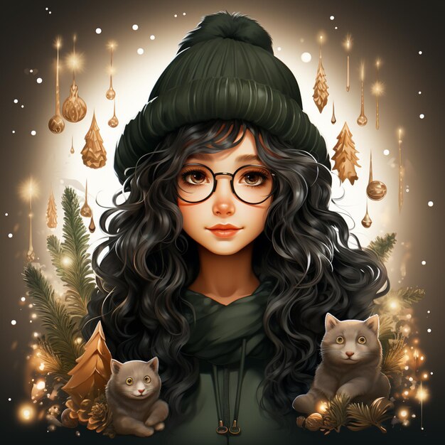 Photo there is a girl with glasses and a hat and a cat generative ai