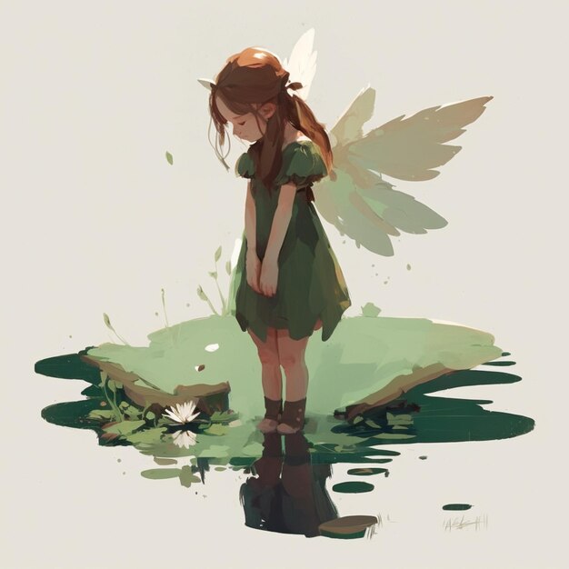 there is a girl with a green dress and a white wings generative ai