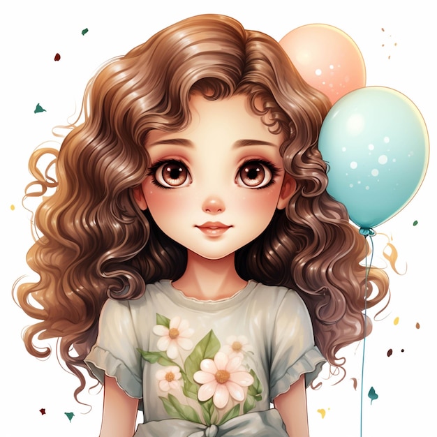 There is a girl with long hair and a flower shirt holding balloons generative ai