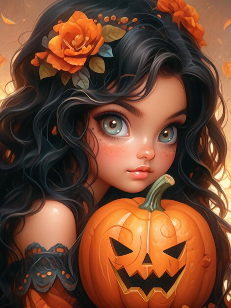 there is a girl with a pumpkin and a flower in her hair generative ai