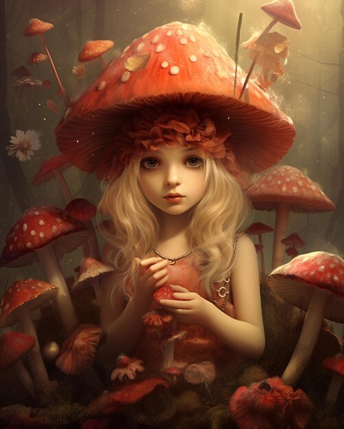 赤い帽子と赤いリンゴをかぶった女の子がキノコの森にいます