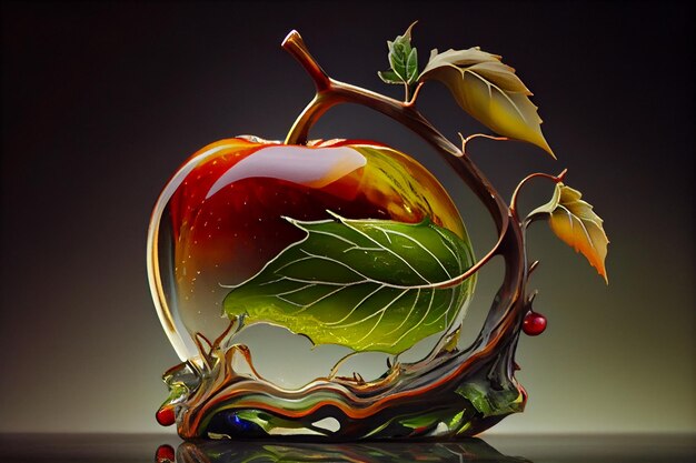 Photo there is a glass apple with a leaf and a berry on it generative ai