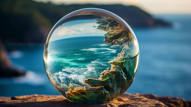 there is a glass ball with a picture of a beach inside it generative ai