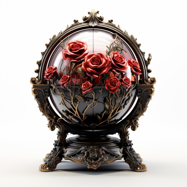 there is a glass ball with red roses in it on a stand generative ai