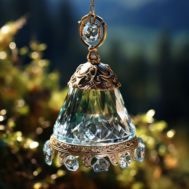 Foto c'è una campana di vetro appesa ad un albero con una catena generativa ai