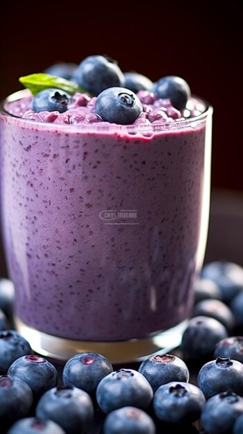 There is a glass of blueberry smoothie with blueberries around it generative ai