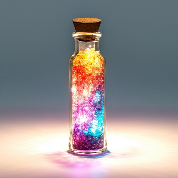 There is a glass bottle with a colorful substance inside of it generative ai