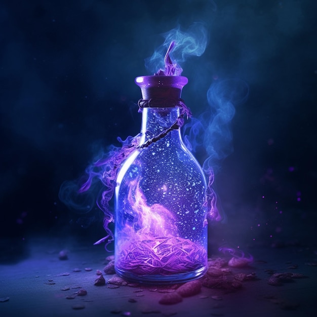 There is a glass bottle with a purple liquid inside of it generative ai