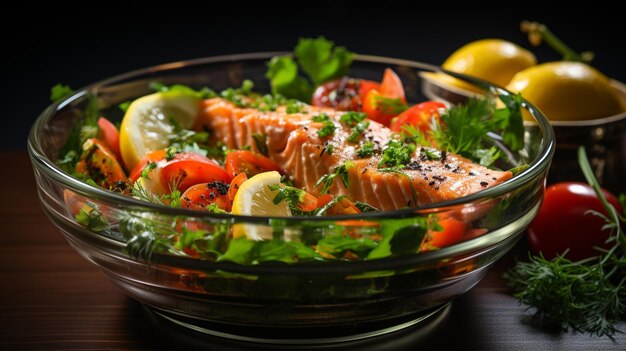 연어와 야채 생성 인공 지능이 있는 유리 그릇의 음식이 있습니다.