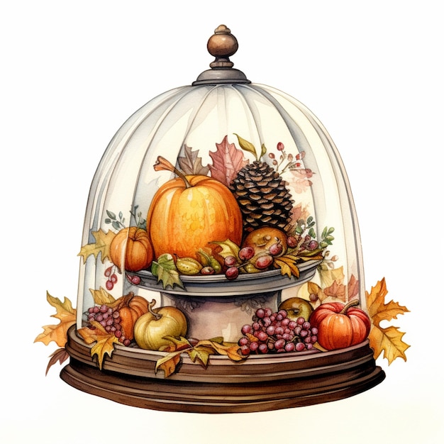 there is a glass cloche with a pumpkin and other fruits generative ai