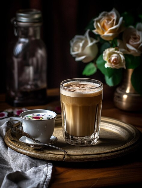 Photo there is a glass of coffee and a cup of coffee on a tray generative ai