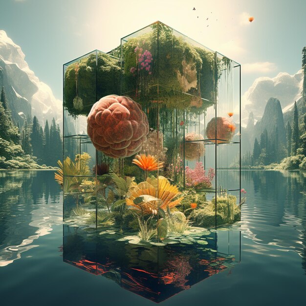 there is a glass cube with a flower arrangement inside of it generative ai