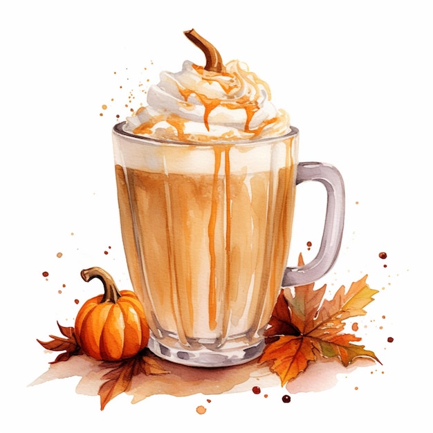 there is a glass cup of coffee with whipped cream and a pumpkin generative ai