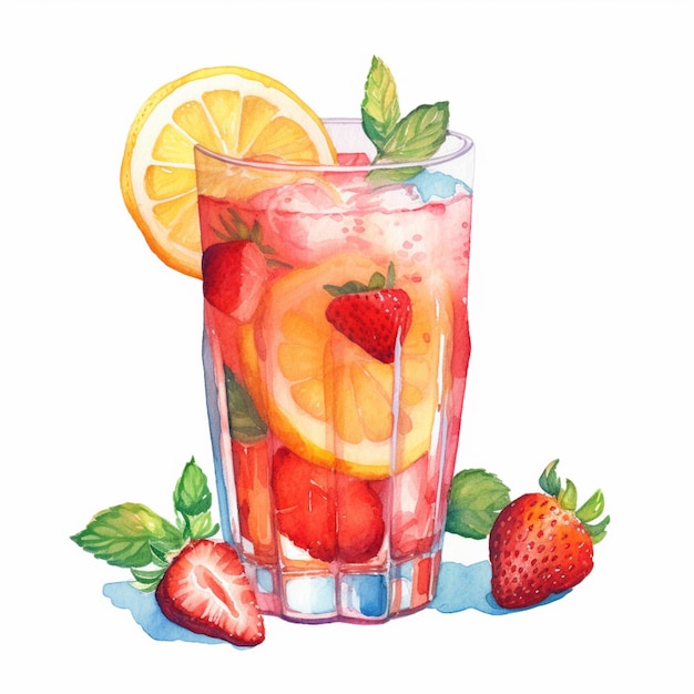 There is a glass of fruit juice with a slice of orange and strawberries generative ai