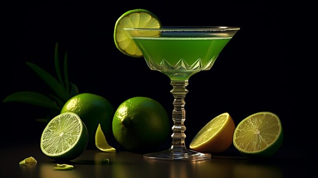 there is a glass of green liquid with limes and a lime slice generative ai